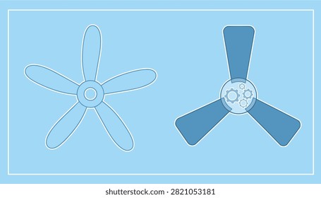 Blueprint vector illustration of two different ceiling fan designs showing various blade styles and internal gear systems.