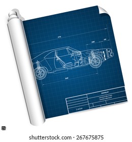 Blueprint vehicle internal combustion engine, muscle car. Vector illustration eps 10 