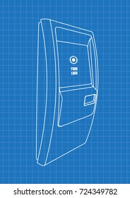 Blueprint of Wall mount self service terminal or public information kiosk with Touch Screen Display isolated on transparent background. Mock Up Template.