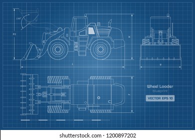 Blueprint of wheel loader. Top, side and front view. Diesel digger. Hydraulic machinery image. Industrial document of bulldozer. Vector isolated illustration