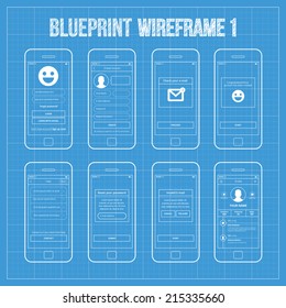 Blueprint wireframe mobile app ui kit  1.  Login screen, create account screen, check your e-mail screen, account create screen, help screen, password reset screen, invalid email screen, profile.