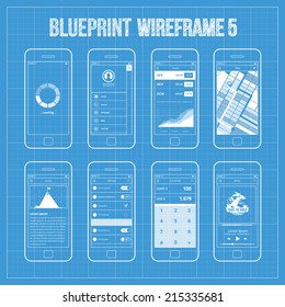 Blueprint Wireframe Mobile App Ui Kit  5. Loading Screen, Splash Screen, Sidebar Menu Screen, Stocks Screen, Map Screen, Article Screen, Settings Screen, Value Converter Screen, Music Player Screen.