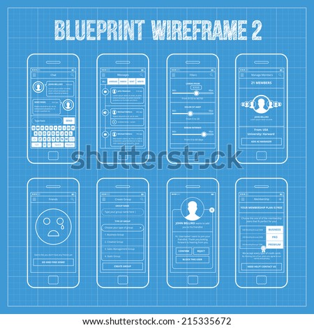 Blueprint wireframe mobile app ui kit  2. Chat screen, messages screen, filters screen, manage members screen, friends screen, create group screen, notification screen, membership screen.