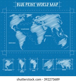 Blueprint world map with chalk drawing style