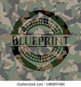 Blueprint written on a camo texture. Vector Illustration. Detailed.