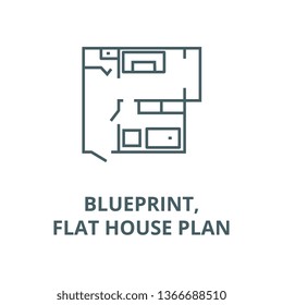 Blueprint,flat house plan line icon, vector. Blueprint,flat house plan outline sign, concept symbol, flat illustration