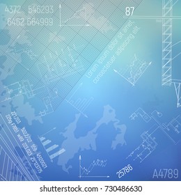 Blueprints with boiler room. Engineering construction drawings. Vector illustrations. Technical Design. Blue background and White lines.