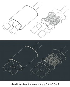 Blueprints of car muffler. Inside a сar's muffler.