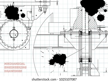 Blueprints. Engineering backgrounds. Mechanical engineering drawings. Cover. Banner. Technical Design. Draft. Black Ink. Blots