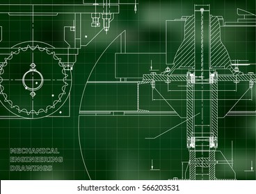 Blueprints. Engineering backgrounds. Mechanical engineering drawings. Cover. Banner. Technical Design. Green. Grid