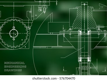 Blueprints. Engineering backgrounds. Mechanical engineering drawings. Cover. Banner. Technical Design. Green