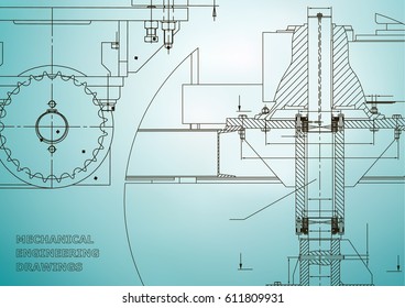 Blueprints. Engineering backgrounds. Mechanical engineering drawings. Cover. Banner. Technical Design. Light blue