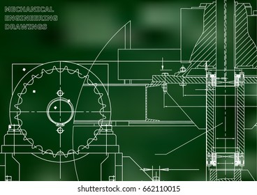 Blueprints. Engineering backgrounds. Mechanical engineering drawings. Cover. Technical Design. Green