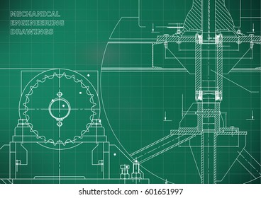 Blueprints. Mechanical construction. Engineering illustrations. Technical Design. Banner. Light green. Grid