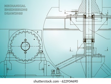 Blueprints. Mechanical construction. Engineering illustrations. Technical Design. Banner. Light blue
