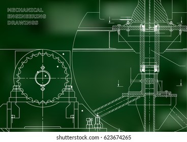 Blueprints. Mechanical construction. Engineering illustrations. Technical Design. Banner. Green