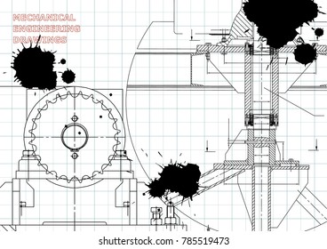 Blueprints. Mechanical construction. Engineering illustrations. Technical Design. Banner. Draft. Black Ink. Blots