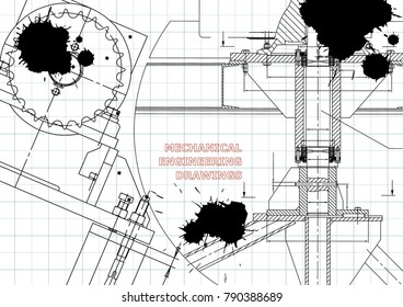 Blueprints. Mechanical construction. Technical Design. Engineering illustrations. Banner. Draft. Black Ink. Blots