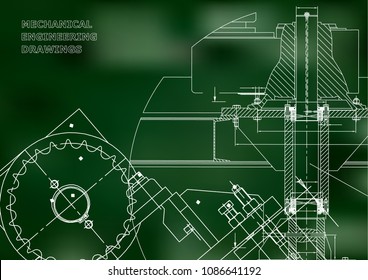Blueprints. Mechanical drawings. Engineering illustrations. Technical Design. Banner. Green background