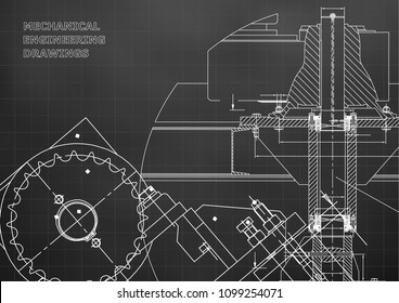 Blueprints. Mechanical drawings. Engineering illustrations. Technical Design. Banner. Black background. Grid