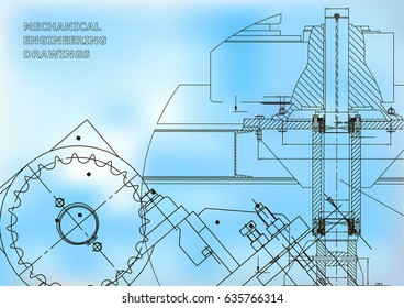 Blueprints. Mechanical drawings. Engineering illustrations. Technical Design. Banner. Blue