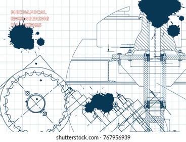 Blueprints. Mechanical drawings. Engineering illustrations. Technical Design. Banner. Draft. Ink. Blots