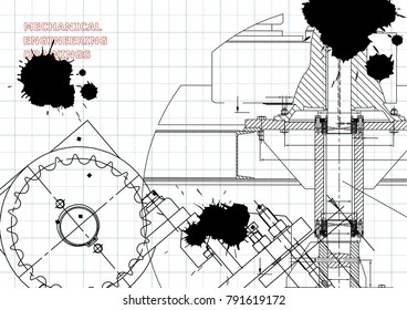 Blueprints. Mechanical drawings. Engineering illustrations. Technical Design. Banner. Draft. Black Ink. Blots