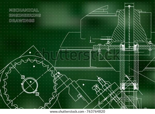 Blueprints. Mechanical\
drawings. Engineering illustrations. Technical Design. Banner.\
Green background.\
Grid