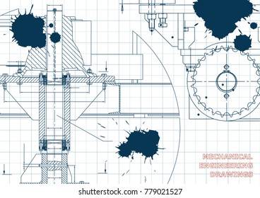 Blueprints. Mechanical engineering drawings. Cover. Banner. Technical Design. Draft. Ink. Blots