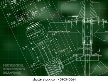 Blueprints. Mechanical engineering drawings. Technical Design. Cover. Banner. Green. Grid