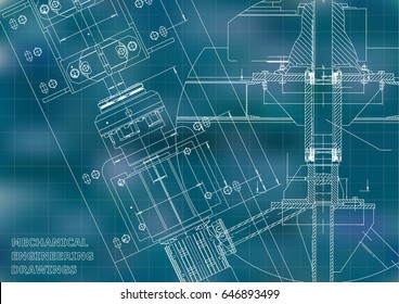 Blueprints. Mechanical Engineering Drawings. Technical Design. Cover. Banner. Blue. Grid