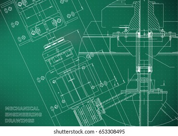 Blueprints. Mechanical engineering drawings. Technical Design. Cover. Banner. Light green. Points