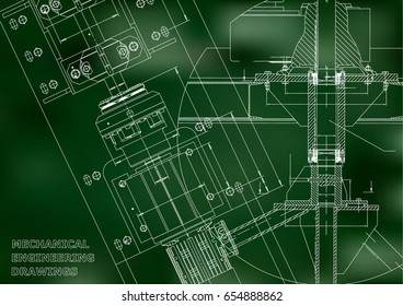 Blueprints. Mechanical engineering drawings. Technical Design. Cover. Banner. Green