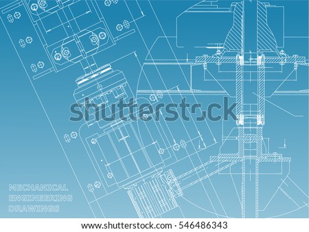 Blueprints. Mechanical engineering drawings. Technical Design. Cover. Banner. Blue and White