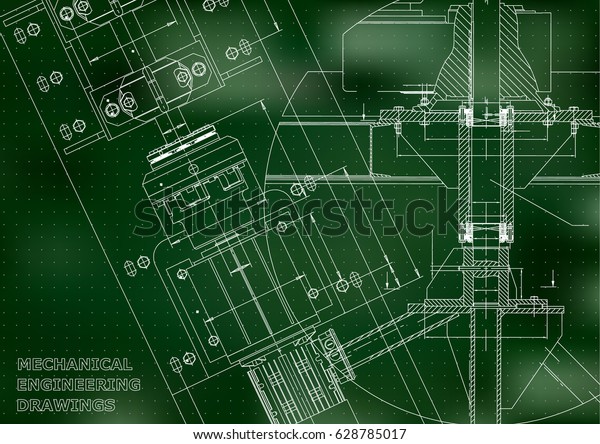 Blueprints. Mechanical engineering\
drawings. Technical Design. Cover. Banner. Green.\
Points