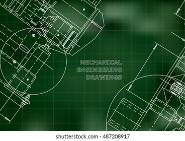 Blueprints. Mechanics. Cover. Mechanical Engineering drawing. Engineering design, construction. Green. Grid