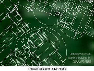 Blueprints. Mechanics. Cover. Mechanical Engineering drawing. Engineering design. Green