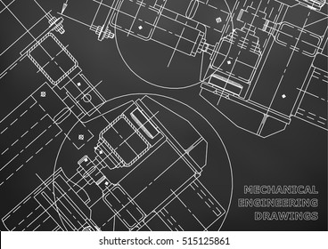 Blueprints. Mechanics. Cover. Mechanical Engineering drawing. Engineering design. Black