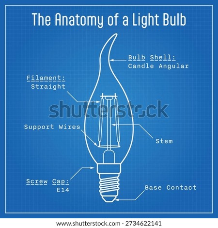 Blueprint-style diagram of an angular candle light bulb with straight filament, labeled internal components, illustrated in white line art on a blue grid background.