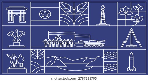 A blueprint-style illustration showcasing iconic landmarks, symbols, and military might associated with North Korea, presented in a grid layout.