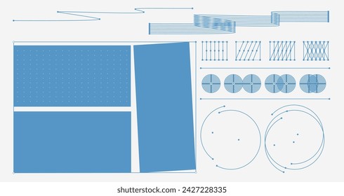 Blueprint-style schematic drawings of various components, geometric shapes in blue color on white background. Modern aesthetics, minimalist art. Vector design for creative cover, poster and ad.