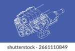 A blueprint-style technical illustration of a powerful V8 car engine connected to a transmission. 