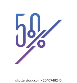 logotipo azul-roxo 50 por cento. Conceito de 50% para comércio, negócios, educação, mundo da tecnologia