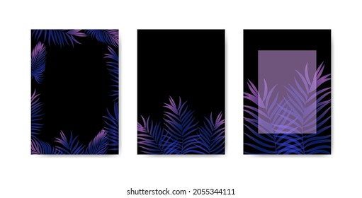 Blue-purple leaves of a palm tree on a black background. Vector templates for cards, invitations, brochures, flyers.