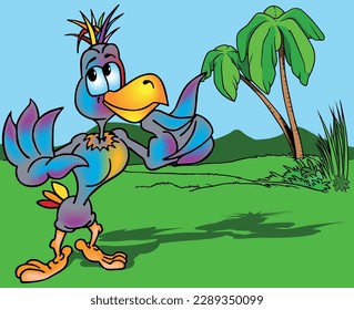 The Blue-purple Parrot with a Tuft on its Head Stands on the Ground - Colored Cartoon Illustration with Background, Vector