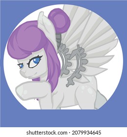a blue-purple pony stands on a blue background, with a Japanese hairstyle
