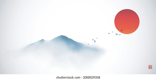 Bluer misty mountains and red sun hand drawn with ink in simple and clean minimalist style. Traditional oriental ink painting sumi-e, u-sin, go-hua. Hieroglyph - clarity