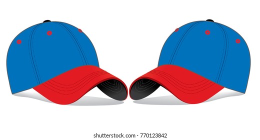 Blue-Red Baseball Cap With Black Under Brim Cap Design On White Backgriund, Vector File.