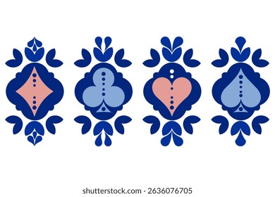 A blue-red playing card set featuring clubs, diamonds, hearts and spades, with a mandala-inspired motif. Perfect for casino themes, games, prints and decorative designs.
