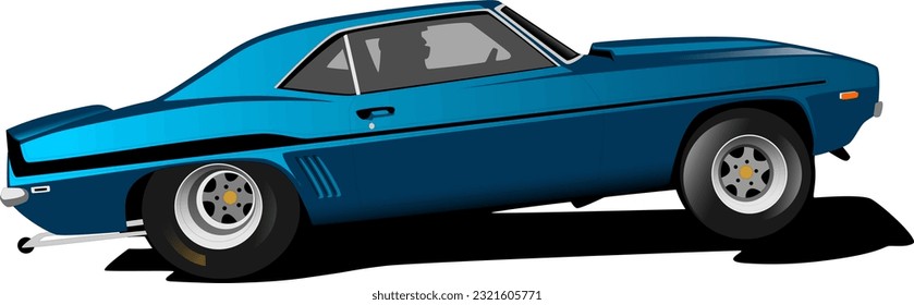 blueretro oldschool classic vintage drag race sports american muscle car front side wheels vector illustration